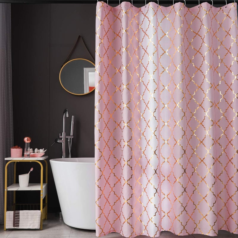 FINECITY Geometric Shower Curtain Set - Metallic Gold Foil Moroccan Lattice Pattern Printed on Soft Fabric Grommet Top Shower Curtain with 12 Hooks, 72 x 72 Inch, Pink and Gold - Image 1